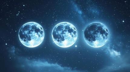 Three Illuminated Full Moons Against a Starry Night Sky With Soft Clouds and Cosmic Glow