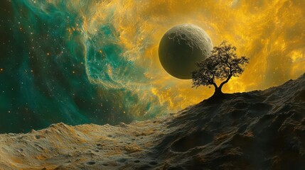 Surreal Cosmic Landscape Featuring a Lone Tree Against a Stellar Background with a Planet