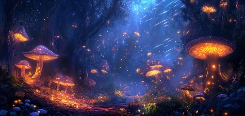 Worms-eye view of a fantasy forest, illuminated by glowing fungi and shooting stars, blending magic and science