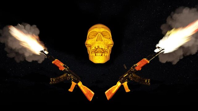 A skeleton skull, machine guns, and a starry sky. A skeleton guardian.