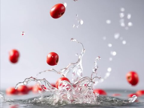 Red raw coffee berries fall into the water