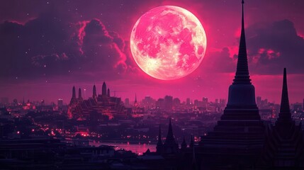 Vibrant Moonlit Cityscape with Bright Pink Moon Rising Over Architectural Silhouettes at Night