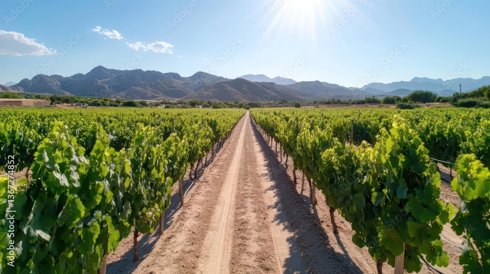 Poster panoramic view of a vineyard with rows of green grapevines under a bright sunny sky. the landscape f
