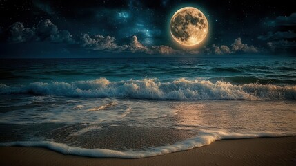 Tranquil Night View of Ocean Waves Under Bright Full Moon Lighting the Sandy Beach