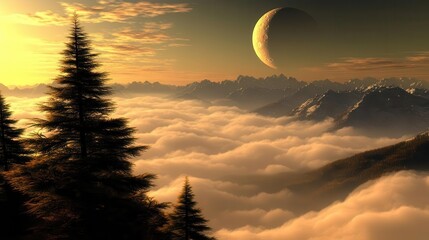 Surreal Landscape at Sunset with Mountains and Clouds Under a Celestial Moon
