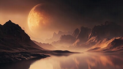 Surreal Landscape Featuring A Distant Planet Over A Tranquil Body Of Water With Rocky Mountains