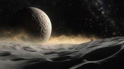 Surreal Lunar Landscape with a Mysterious Planet and Starry Sky in the Vastness of Space