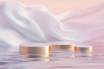 Golden round podiums on reflective water surface with flowing white fabric and pastel background. Elegant product display mockup for cosmetics and beauty presentation