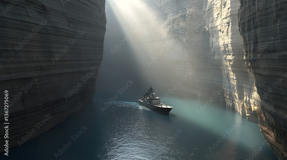 Poster majestic navy ship gracefully navigating through a striking canyon like waterway with sunlight filte