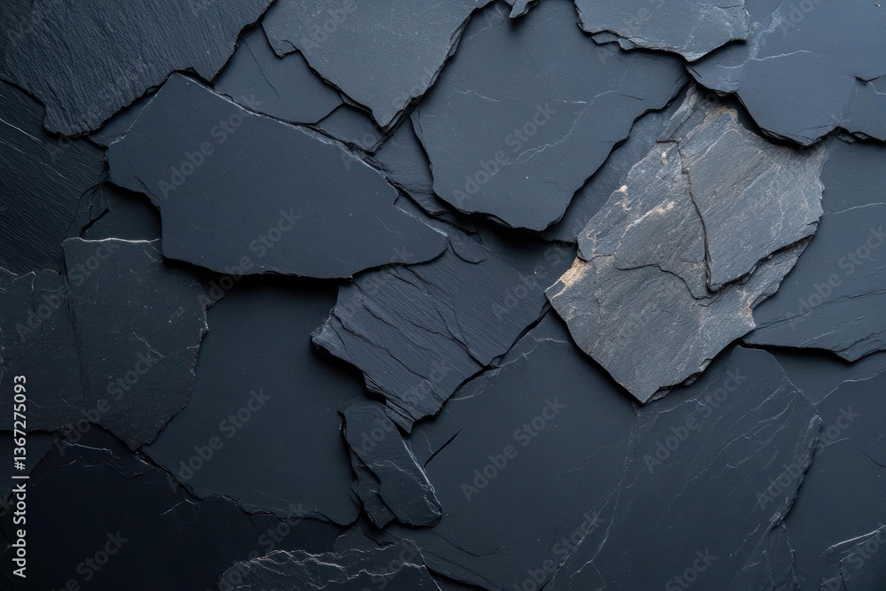 Aufkleber Close up abstract image of a black cracked surface with irregular shapes creating a textured pattern. High angle natural light highlights the details with subtle variations