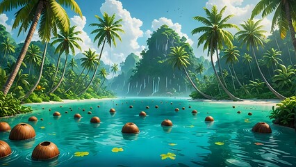 Tropical Island Scene with Palm Trees, Coconuts, and Turquoise Water © Miracle Studio