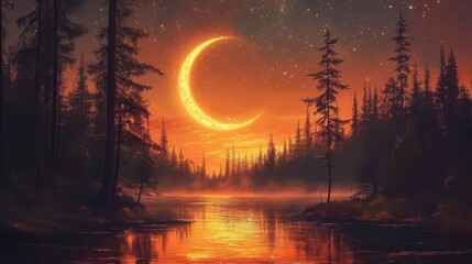 Tranquil River Under A Crescent Moon At Sunset Surrounded By Tall Forest Trees In A Beautiful Scene