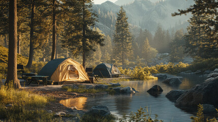 Idyllic weekend vacation outdoor camping campground by secluded majestic mountain scene with tent by winding woodland stream mountain landscape nature trees forest background