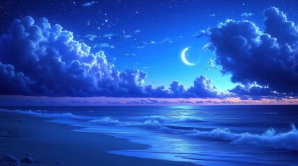 Tranquil Ocean View Under A Starry Night Sky With Moonlight Reflection On The Water