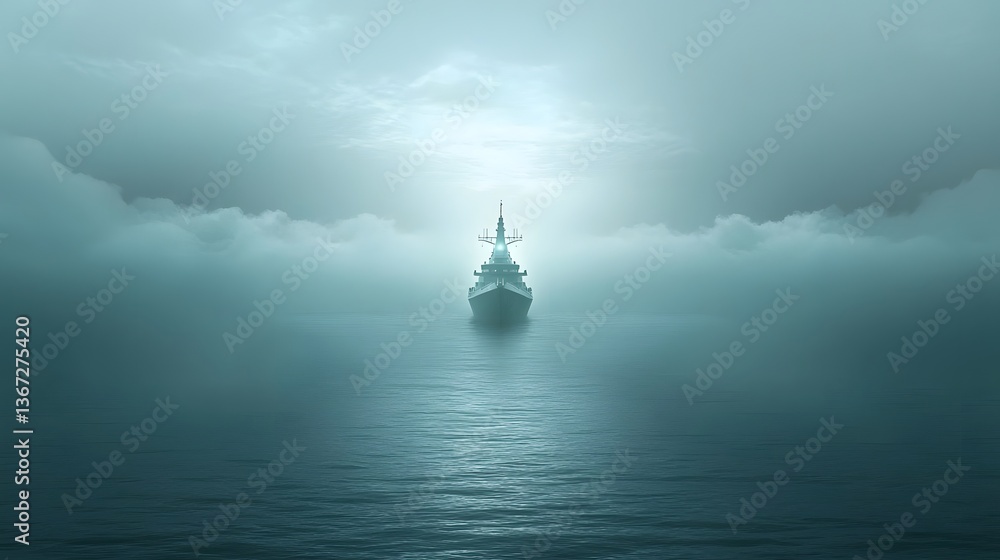Poster futuristic naval command ship navigating through a dense glowing fog on the open ocean the vessel fe