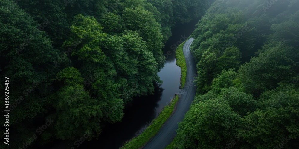 Aufkleber aerial view of a winding road and calm river surrounded by lush green trees creating a tranquil and 