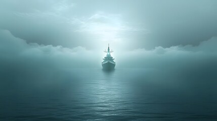 Obraz premium Futuristic naval command ship navigating through a dense glowing fog on the open ocean The vessel features advanced technology and design exploring the unknown waters of the future