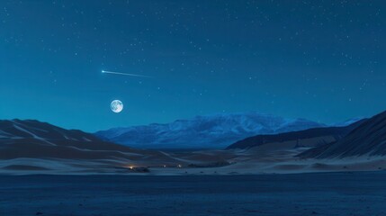 Vast Night Landscape with Majestic Mountains and a Bright Moon Illuminating the Sky