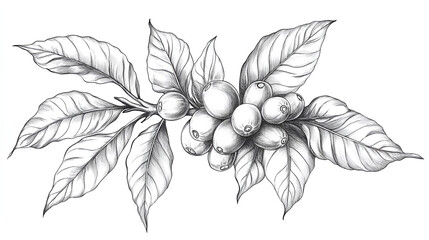 Line art, drawing sketch of coffee fruit and leaves, vector sketch style, coffee plant 