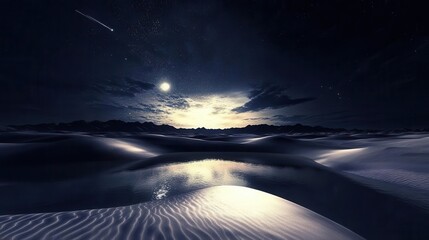 Tranquil Night Sky Over Desert Dunes with Moonlight Reflection on Calm Water Surface