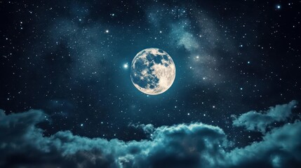 Vibrant Full Moon Illuminating Starry Night Sky with Wispy Clouds and Cosmic Wonders