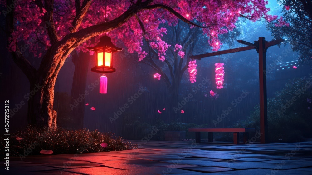 Aufkleber Luminous pink cherry blossom tree with lanterns and bench in a dreamy, pixelated garden setting bathed in soft light and gentle rain creating a magical atmosphere