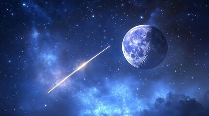 Vast Cosmic Landscape Featuring Shimmering Moon and Stars Against a Deep Blue Night Sky