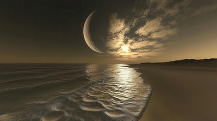 Tranquil Ocean Scene Under Moonlight with Sun Setting on the Horizon at Dusk