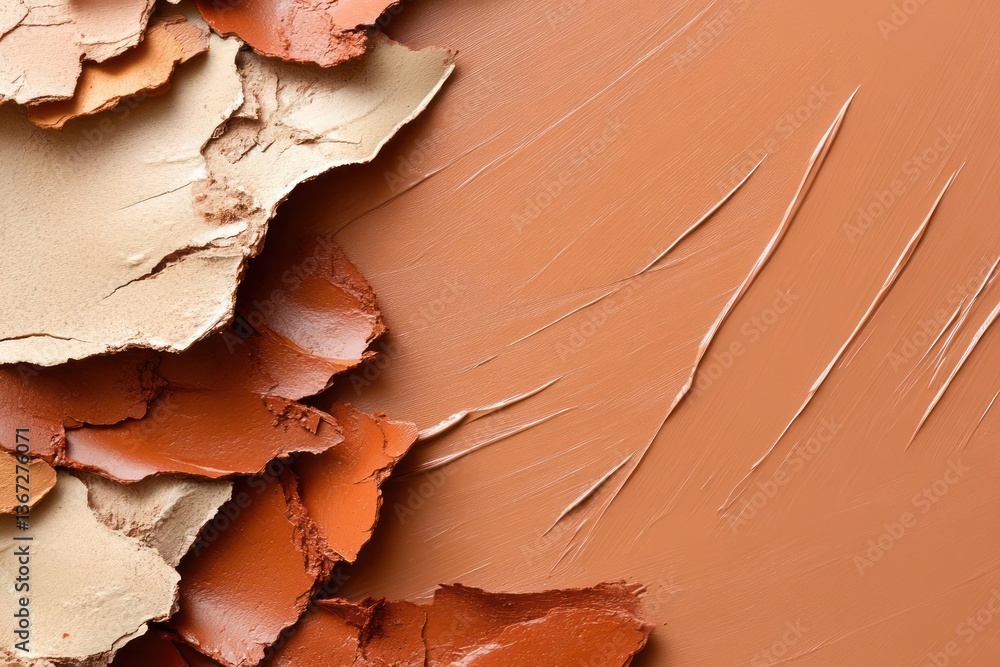 Aufkleber Abstract composition with layered textures and brushstrokes in warm earthy tones. Features torn paper pieces over a smooth surface with diagonal lines. Soft light and shadow play