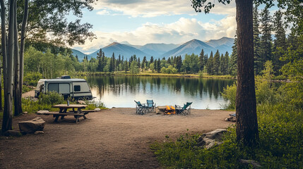 Idyllic weekend vacation outdoor camping campground by secluded majestic mountain lake with camper rv picnic table and fire circle mountain landscape nature woodland forest background