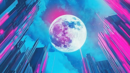 Vibrant, Surreal Night Sky with Full Moon Surrounded by Abstract Cityscape in Neon Colors