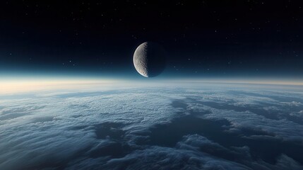 View of a Celestial Moon Above Earth with Night Sky and Starry Atmosphere from Space
