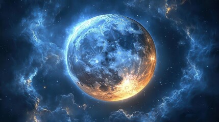 Vivid Celestial Moon Illuminated Against a Mystical Blue Cosmic Background in the Night Sky