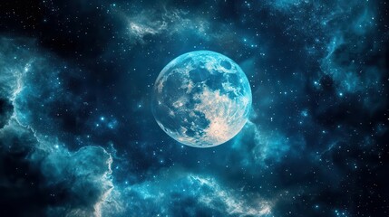 Vibrant Cosmic Scene with a Bright Full Moon Surrounded by Glittering Stars in the Night Sky