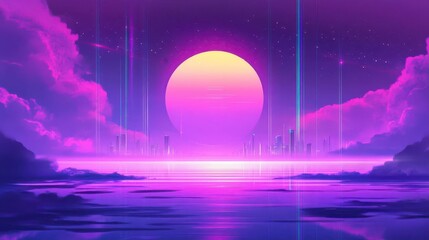 Vibrant Sunset Over a Tranquil Sea with City Silhouette and Dreamlike Clouds