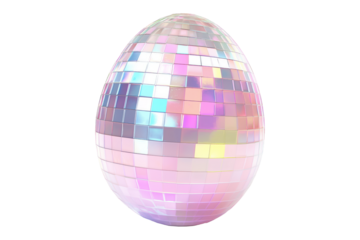 A shimmering egg covered in iridescent mirror tiles reflecting light, isolated on white transparent background. Concept of luxury, festivity, and elegance