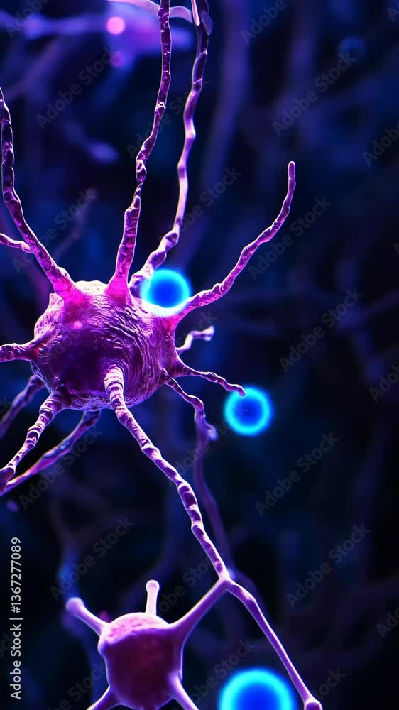 Poster colorful neuron network illuminated under a microscope highlighting intricate biological structures