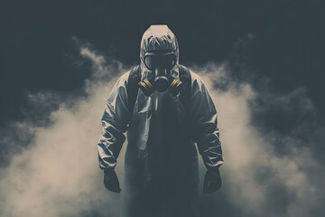 Illustration of Figure in Hazmat Suit Amidst Smoke and Storm Clouds