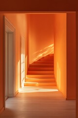 Obraz premium Orange Staircase Interior with Sunlight Streaming in Through the Window