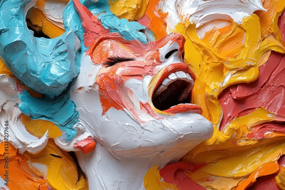 Poster Close up of a textured art piece depicting a shouting face with open mouth with bright colors and dynamic shapes