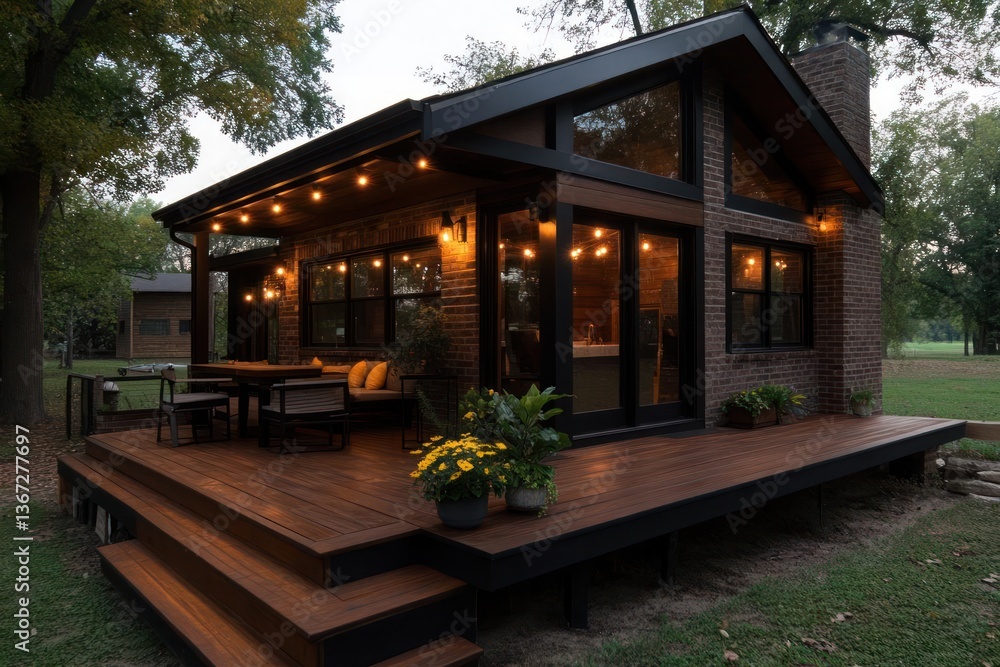 Poster cozy building exterior features a wooden deck with string lights inviting outdoor relaxation. a bric