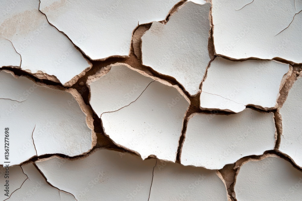 Aufkleber Close up of cracked white paint with brown underlayment. Texture shows irregular shapes and lines creating a distressed effect. Suitable for abstract backgrounds and design