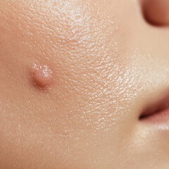 Fototapeta premium Close up of face with visible pimple on smooth skin, highlighting skin texture and acne