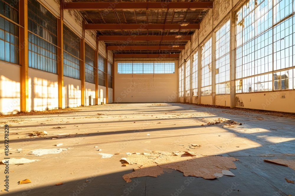 Fototapete interior view of an old abandoned building with large windows and sunlight casting shadows on the fl