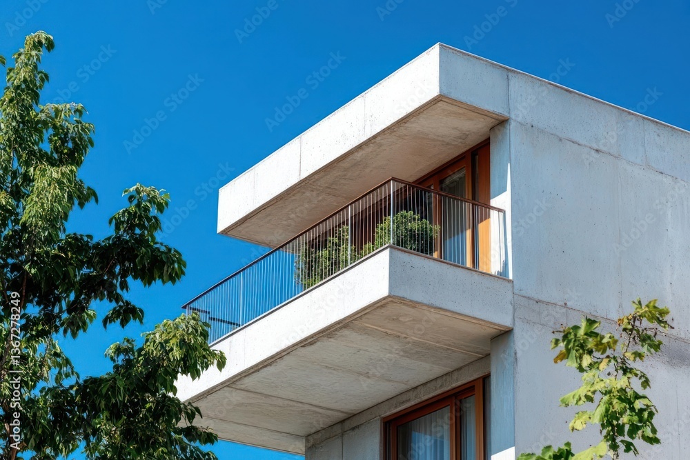 Aufkleber modern concrete building with balconies and glass railings against a clear blue sky. green trees fra