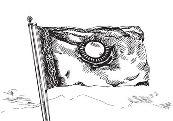 Hand drawn sketch flag of Kazakhstan on sky background, holiday - Independence Day. Vector illustration