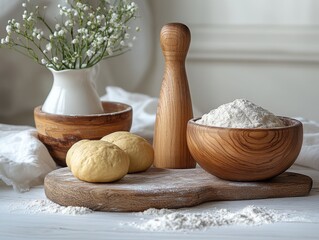 Baking Preparation: Dough, Flour, and Wooden Utensils on a Rustic Board with White Flowers, creating a serene and inviting culinary scene in soft light.