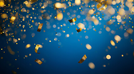 minimalist confetti background for awards ceremony or powerpoint presentation with blue background and gold, festive abstract wallpaper 
