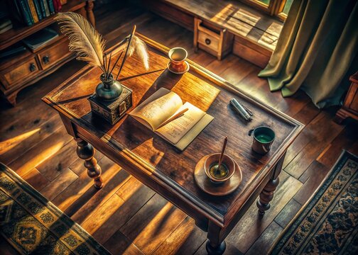 Aerial View: 19th Century Poet's Writing Desk, Antique Quill & Inkwell, Vintage Books, Sunlit Study