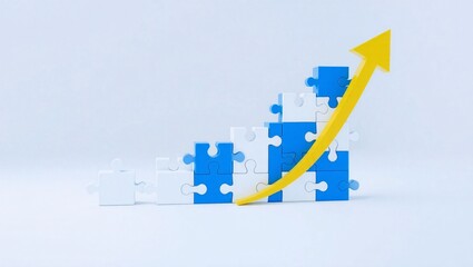 Fototapeta premium Puzzle Pieces Forming Growth Chart with Upward Arrow – Business and Strategy Concept